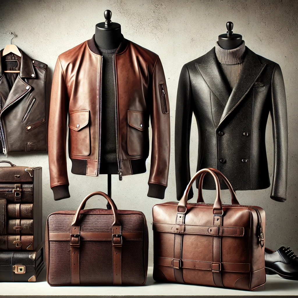 DALL·E 2024 11 08 20.22.13 A stylish image showcasing leather jackets and bags for both men and women. The jackets are high quality leather in various styles with a classic men