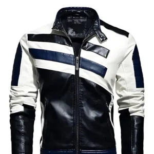 Men's Black & White Distressed Leather Bomber Jacket