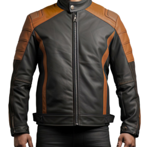 Men's Black and Brown Leather Jacket, Front View