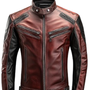 Men's Maroon and Black Leather Jacket, Front View