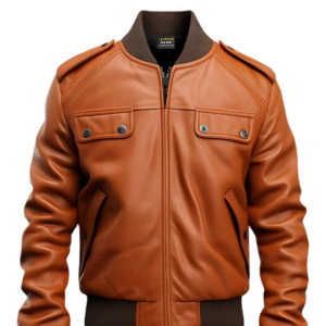 Men's Brown Leather Bomber Jacket, Front View