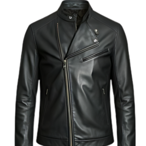 A sleek men's black leather jacket with an asymmetrical zipper and modern detailing.