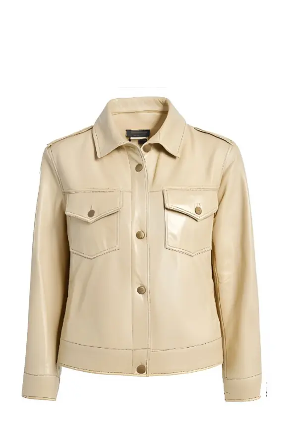 Women's Leather Jacket with Contrast Stitching | Beige