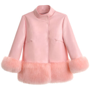 Pink leather jacket with luxury trims on sleeves and hemline