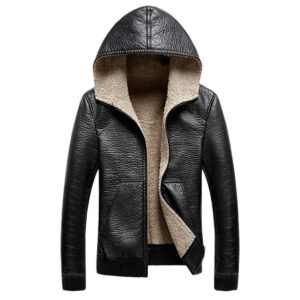 Black leather jacket with shearling hood and lining for men.