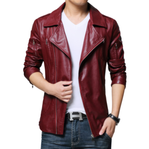 Men's red leather jacket with wide lapel collar and front zipper closure.