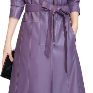 Women’s Purple Belted Long Leather Coat with Lapel Collar and Waist Tie.