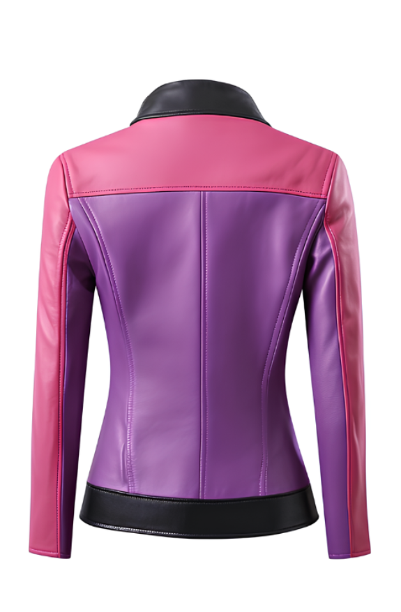 Fahsyee Women's Stylish Black Faux Leather Jacket with Pink and Purple Accents