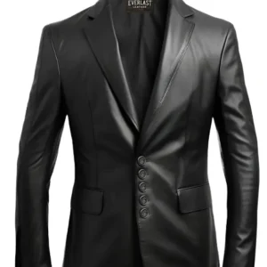 Men’s Five-Button Black Leather Blazer showcasing classic elegance and sophisticated style.