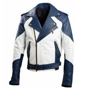 Men's Navy Blue and White Leather Biker Jacket with Belt and Asymmetrical Zipper