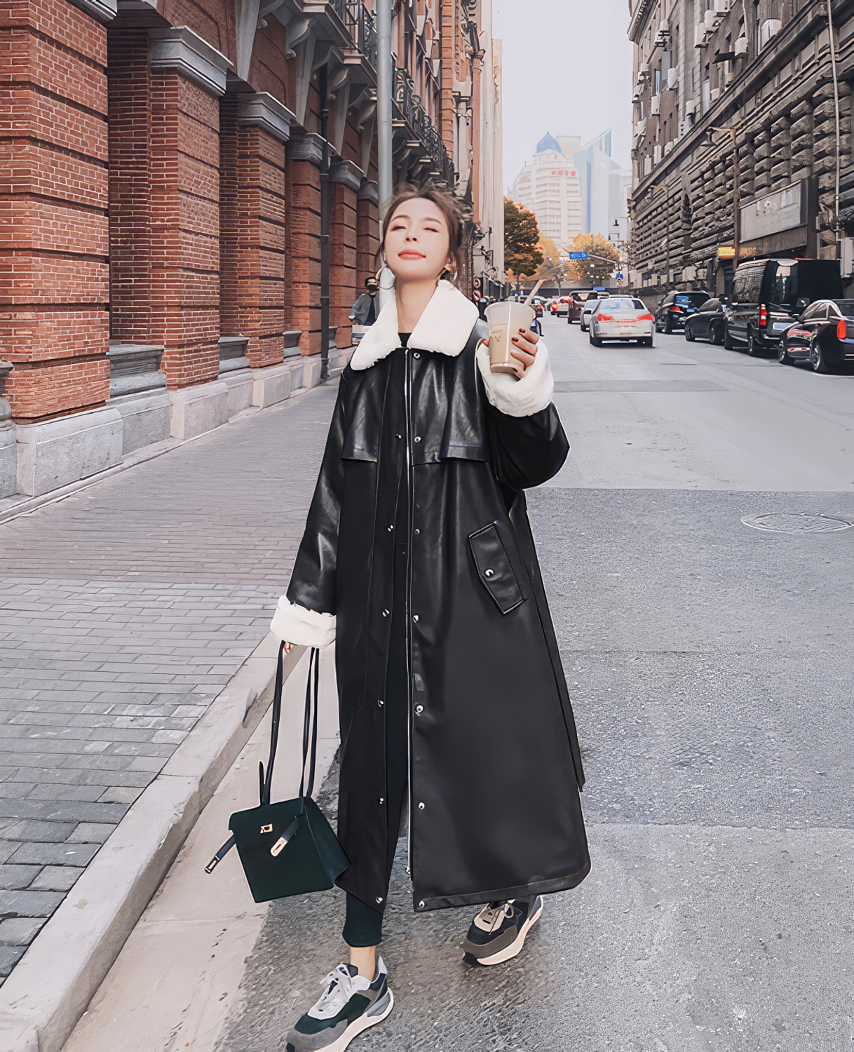 Women's Long Black Leather Coat with White Shearling Collar and Cuffs