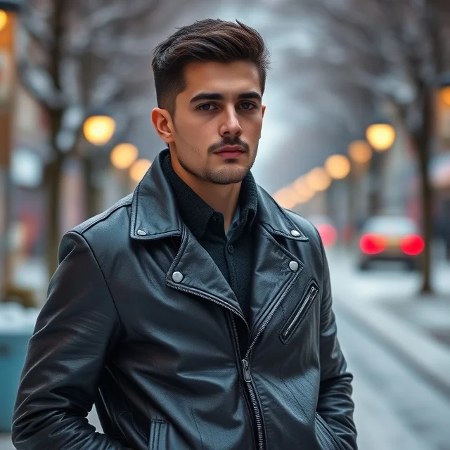 person wearing a stylish leather jacket in a winter setting