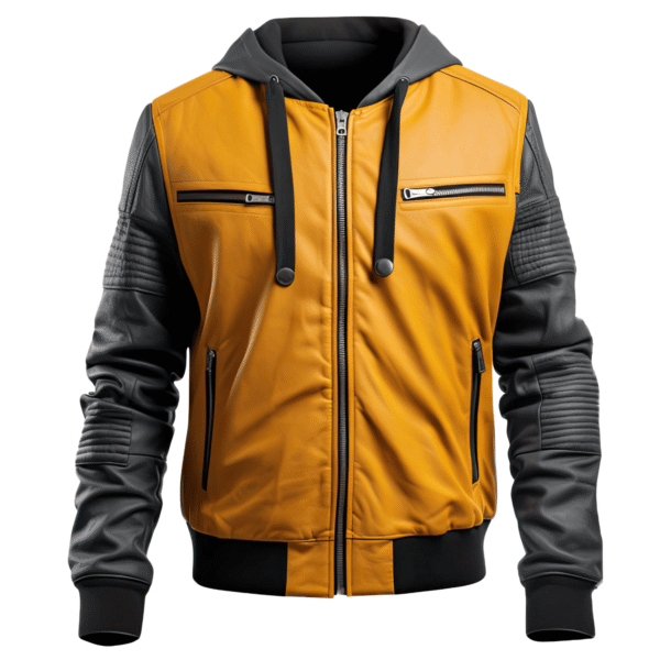Men’s mustard yellow and grey genuine leather jacket with quilted sleeves and detachable hoodie. Bold and stylish outerwear for modern looks.