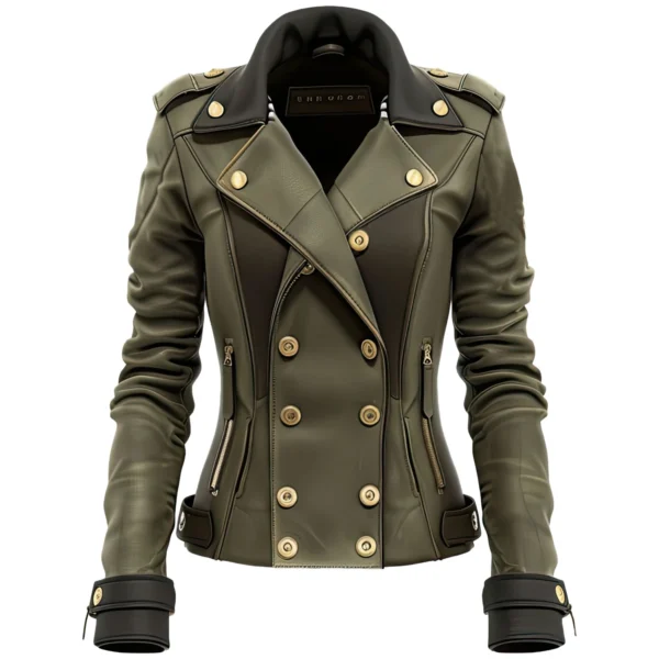 Women's military leather jacket with gold buttons and tailored fit. Stylish and bold outerwear for a sophisticated look.