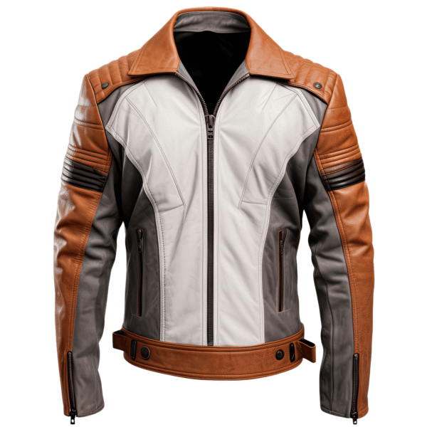 Men’s ash grey and cider brown leather jacket with a double rider design