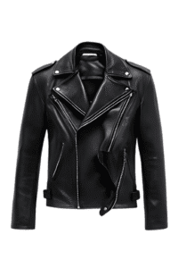 Classic black leather biker jacket front view