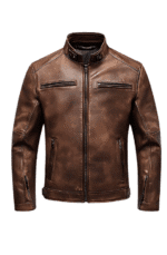 Men’s distressed leather biker jacket front view