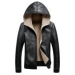Front View – Black Leather Hood Jacket with Shearling