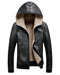 Front View – Black Leather Hood Jacket with Shearling