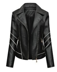 Front View – Black Leather Jacket with White Stripes for Women