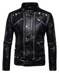 Front View – Men’s Black Studded Leather Jacket