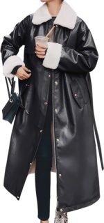 Front View – Long Black Shearling Leather Coat for Women