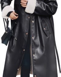 Front View – Long Black Shearling Leather Coat for Women
