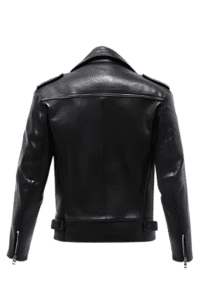 Classic black leather biker jacket back view