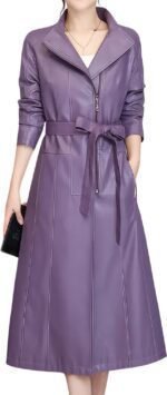 Front View – Purple Belted Long Leather Coat for Women
