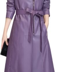 Front View – Purple Belted Long Leather Coat for Women