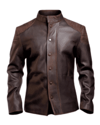 Front view of Daniel Brown distressed leather jacket with button closure