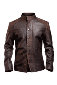 Front view of Daniel Brown distressed leather jacket with button closure