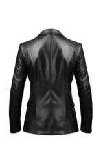 Back view of men’s leather blazer with slim fit cut