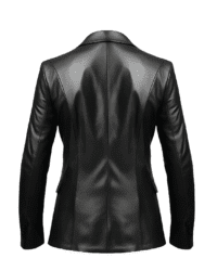 Back view of men’s leather blazer with slim fit cut