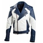 Front View – Navy Blue and White Biker Jacket for Men