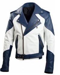 Front View – Navy Blue and White Biker Jacket for Men