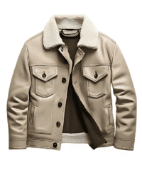 Men’s beige leather jacket with sherpa collar – front view