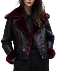 sheepskin jacket with burgundy shearling