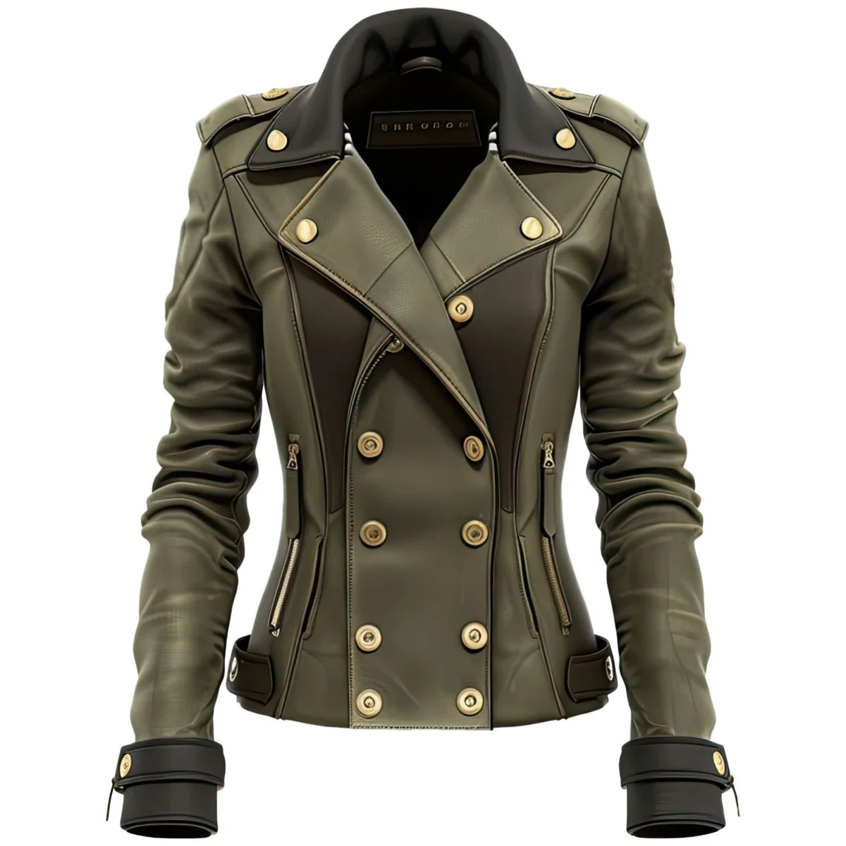 Front View – Women’s Military Style Leather Jacket with Gold Buttons