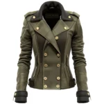 Front View – Women’s Military Style Leather Jacket with Gold Buttons