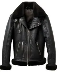 Front View – Men’s Black Shearling Leather Jacket with Zippers