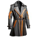 Front View – Gray and Orange Leather Trench Coat