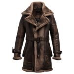 Front View – Brown Shearling Leather Jacket with Belt for Men