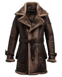 Front View – Brown Shearling Leather Jacket with Belt for Men
