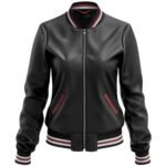 Front View – Black Leather Bomber Jacket for Women