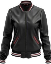 Front View – Black Leather Bomber Jacket for Women