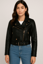 “Women’s black leather biker jacket with asymmetrical zipper and belted waist”