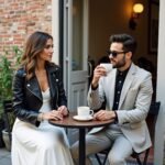 Bride in black leather bridal jacket sitting at café with groom