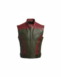 Embrace the bold cinematic charm with this Dwayne Johnson Red One movie inspired leather vest, a perfect blend of rugged style and timeless fashion. Designed in striking shades of deep green and bold red, this sleeveless jacket pays homage to the iconic look seen in Red One. Crafted with precision, it combines durability, comfort, and a unique design that captures the spirit of action-packed adventure.