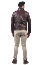 Man wearing brown leather biker jacket
